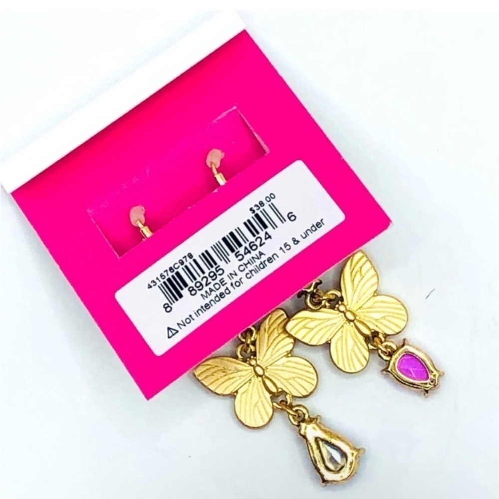 BETSEY JOHNSON Mismatched Butterfly Crystal-Studded Gold-Tone Drop Earrings NWT - Picture 2 of 2